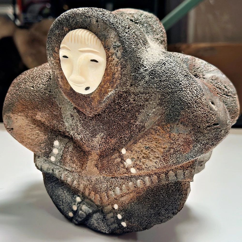 Inuit Carved Whale Bone Figure With Drum