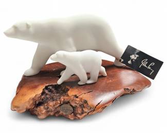John Perry Polar Bear Sculpture, Mother & Cub, on Burlwood