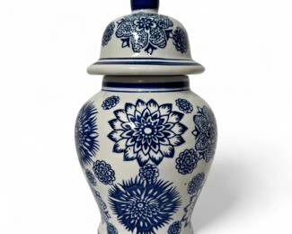 Sagebrook Blue and White Porcelain Lidded Vase with Floral Motif