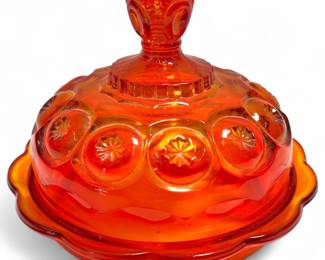 Round Covered Butter Dish Moon & Star Red by Smith Glass