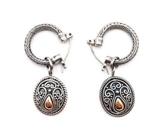 Sterling Silver 925 & 18K Gold BA Indonesia Dangle Hoop Earrings