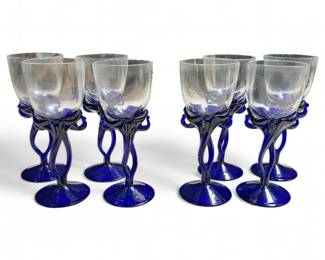 Jozefina Krosno Cobalt Art Glass Wine Glasses, Set of 8