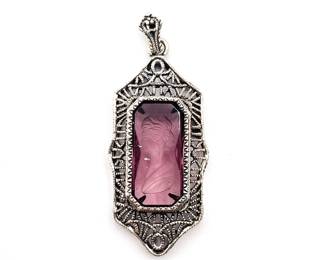Sterling 925 Purple Intaglio Filigree Pendant Necklace
