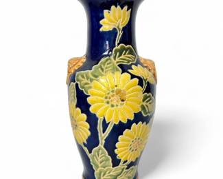 Blue Hand Painted Ceramic Vase w/ Floral Design & Lion Handles