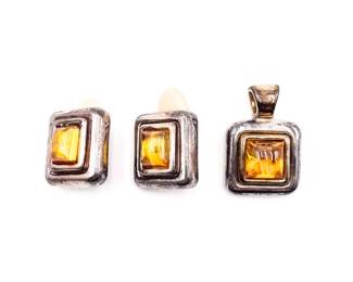 Simon Sebbag Sterling Silver & Amber Glass Jewelry Set