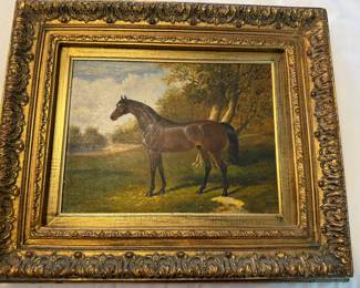 Equestrian Horse  art original Oil (looks like Glaucus the race horse) with Gold Gilt frame 