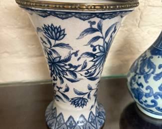 Stunning Blue and White Chinese Floral Vase with Brass Rim