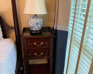 Big Belly Vase Lamp in those Beautiful Blue and White Vintage Hues  atop a Pair of Chippendale style Cherry Wood Tray Top Night Stands 36" x 12" X 18"W