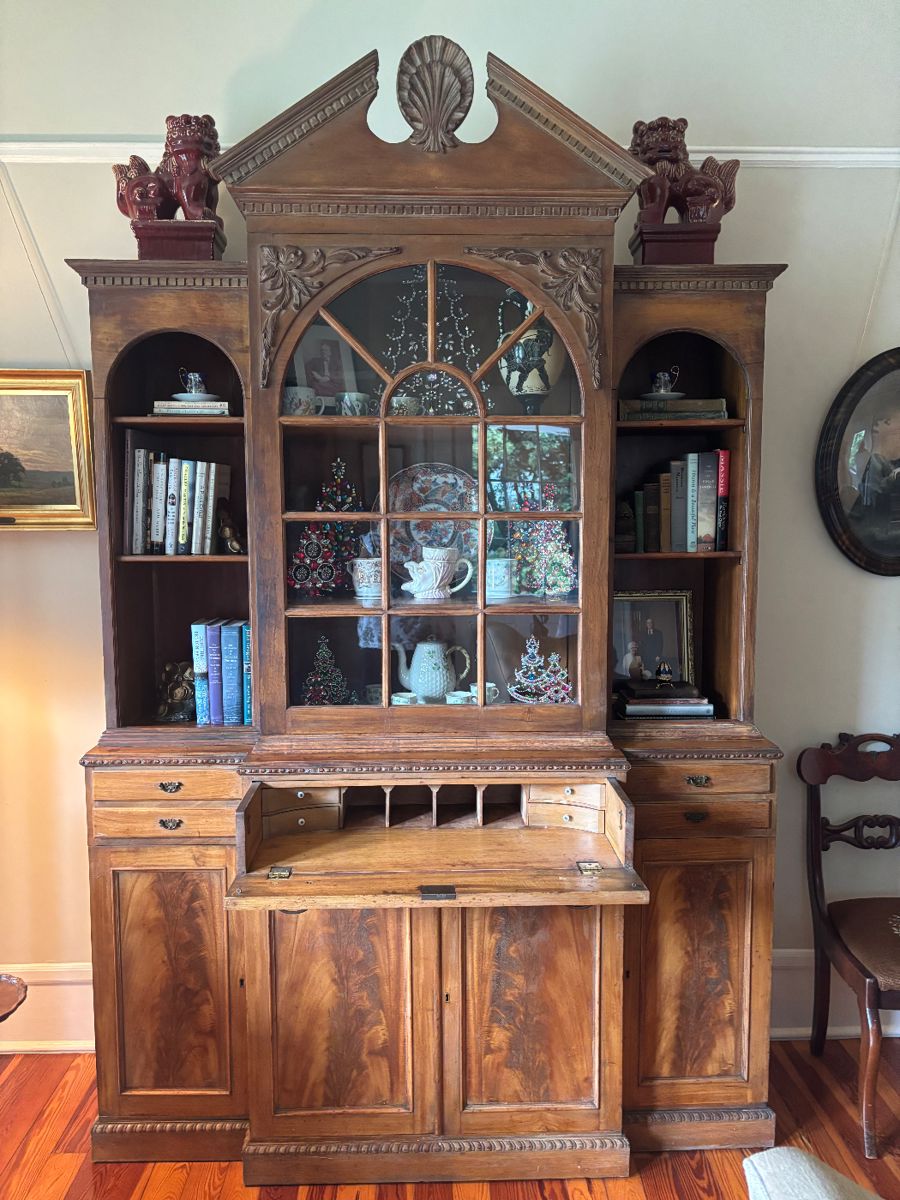 Vintage English pine pull out desk and display