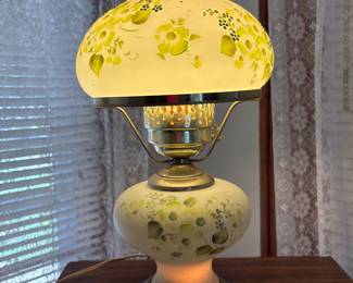 Vintage Hand Painted Milk Glass
Green Pastel Hurricane Table lamp 16”
1970’s “Gone with the Wind” inspired