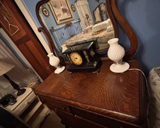 Antique Dresser
Antique Clock
Pair of Vintage Milk Glass Lamps
