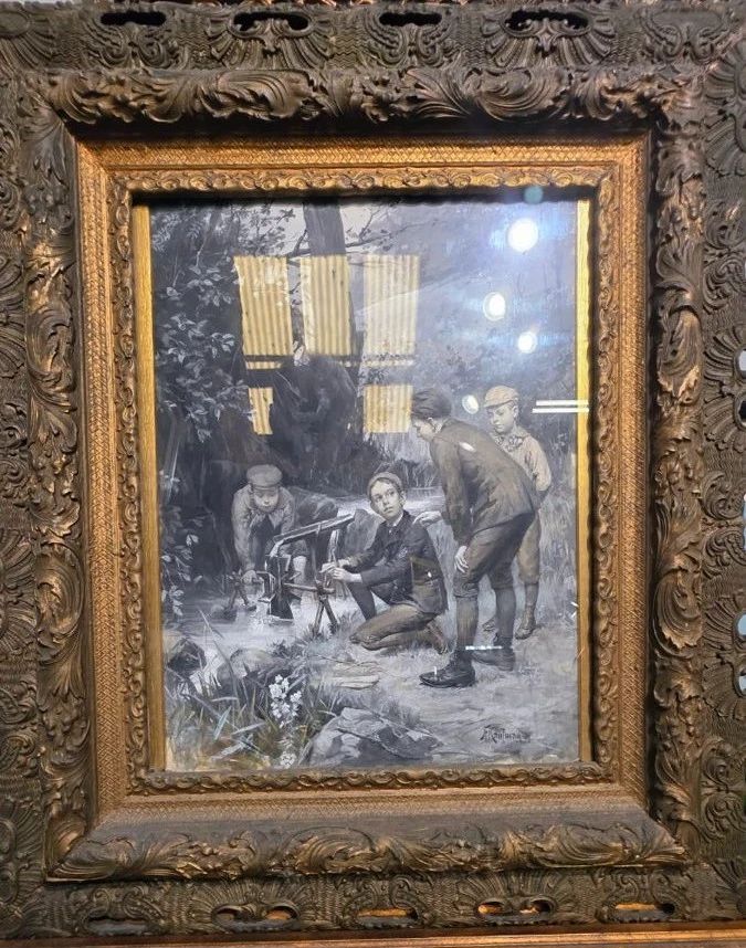 John Francois Kaufmann(1870-1949)
 Very early 20th century illustration of boys exploring a water wheel.. Really a wonderful painting.