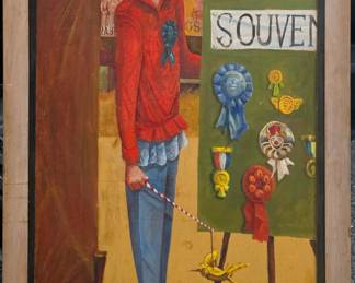 Charles Luedtke oil painting. Self portrait as a Carney. 1959.