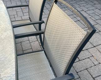 Outdoor Dining Set W/ Glass Top Table, 6 Chairs, Umbrella, & Umbrella Stand