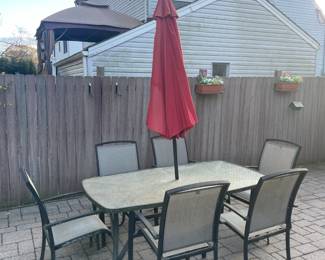 Outdoor Dining Set W/ Glass Top Table, 6 Chairs, Umbrella, & Umbrella Stand