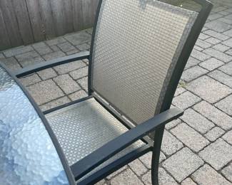 Outdoor Dining Set W/ Glass Top Table, 6 Chairs, Umbrella, & Umbrella Stand