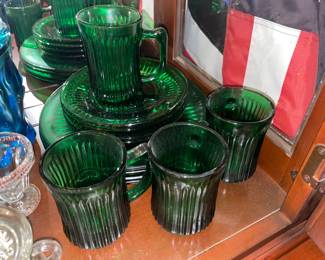 Vintage Heavy Green Glass Dinnerware Set