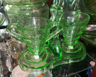 Green Depression Glass Creamer, Sugar, & Handled Holder 3 Piece Set (Some Pieces MAY Be Uranium Glass)
