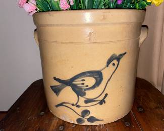 STUNNING Antique Double Handled Crock W/ Bird Icon