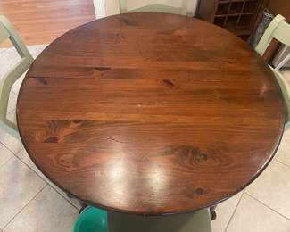 Round Wooden Kitchen Table W/ 4 Green Chairs