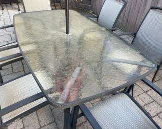 Outdoor Dining Set W/ Glass Top Table, 6 Chairs, Umbrella, & Umbrella Stand