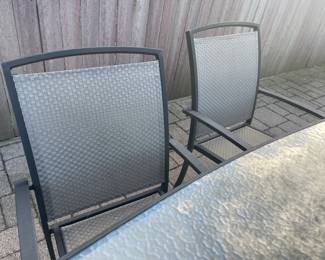 Outdoor Dining Set W/ Glass Top Table, 6 Chairs, Umbrella, & Umbrella Stand