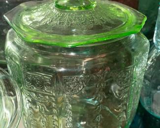 Green Depression Glass Covered Candy Jar (Some Pieces MAY Be Uranium Glass)