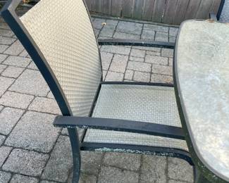 Outdoor Dining Set W/ Glass Top Table, 6 Chairs, Umbrella, & Umbrella Stand