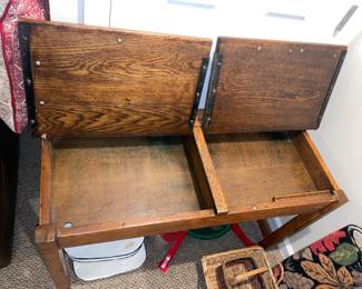 Antique Wooden 2 Seat School Desk W/ Ink Wells