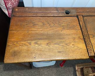 Antique Wooden 2 Seat School Desk W/ Ink Wells