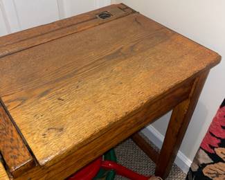 Antique Wooden 2 Seat School Desk W/ Ink Wells