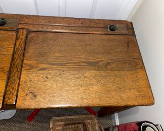Antique Wooden 2 Seat School Desk W/ Ink Wells
