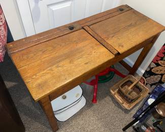 Antique Wooden 2 Seat School Desk W/ Ink Wells