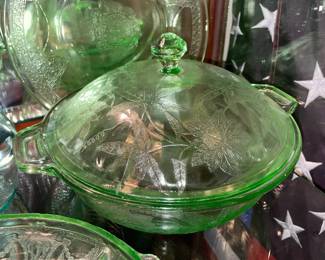 Green Depression Glass Covered Bowl (Some Pieces MAY Be Uranium Glass)