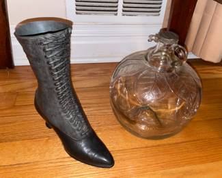 Cast Iron Boot & Vintage Apple Glass Jug