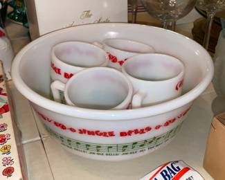Vintage Milk Glass Jingle Bells Bowl & 4 Mug Set