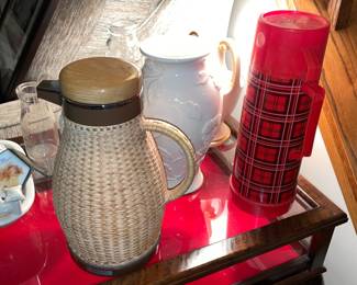 Vintage Wicker Pitcher & Plaid Thermos