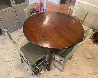 Round Wooden Kitchen Table W/ 4 Green Chairs