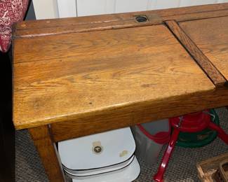 Antique Wooden 2 Seat School Desk W/ Ink Wells