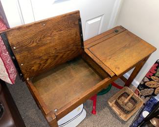 Antique Wooden 2 Seat School Desk W/ Ink Wells