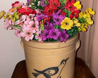 STUNNING Antique Double Handled Crock W/ Bird Icon