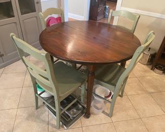Round Wooden Kitchen Table W/ 4 Green Chairs