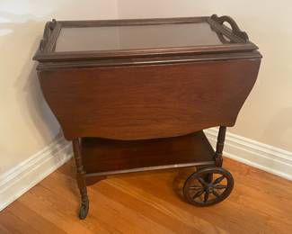 Wooden Tea Cart W/ Lift Up Glass Tray