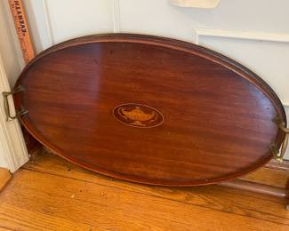 Wooden Inlaid Tray W/ Brass Handles