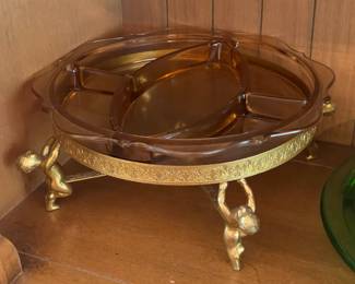 Pink Depression Glass Divided Plate W/ Gold Angel Base