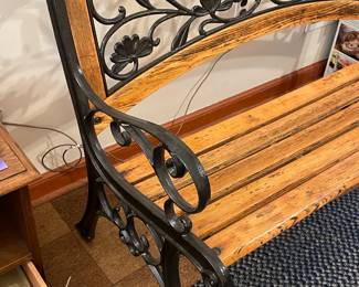 Genuine Wooden Park Bench W/ Cast Iron Arms & Details