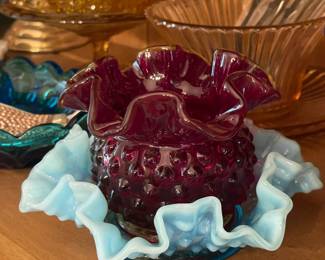 Red Cranberry Hobnail Vase W/ Blue Hobnail Ruffled Edge Plate