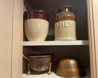 Brown Milk Bottle & Copper Pots
