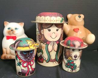 Vintage Tin Canisters With Two Ceramic Wall Hangings