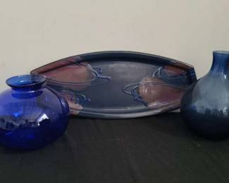 Abstract Blue Pottery Tray With Two Vases